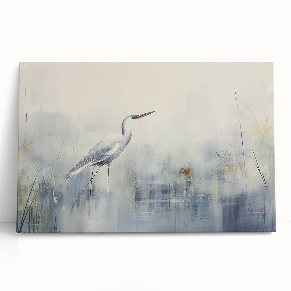 Elegant wall art featuring a heron and egret design on stretched canvas, showcasing vibrant colors and intricate details, perfect for enhancing home decor.