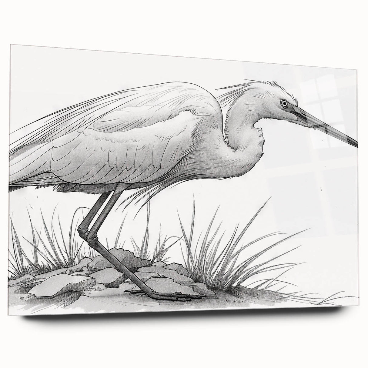 Elegant wall art featuring a heron and egret design, displayed in a sleek acrylic glass frame, showcasing vibrant colors and intricate details perfect for modern decor.