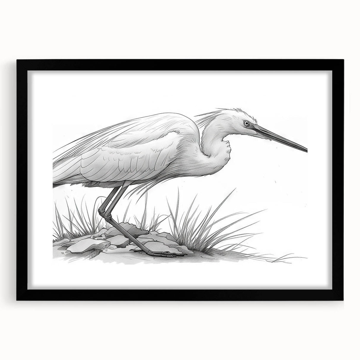 Elegant black-framed wall art showcasing a heron and egret design, perfect for enhancing home decor. Features a contemporary aesthetic with a matte finish, ideal for bird lovers and nature enthusiasts.