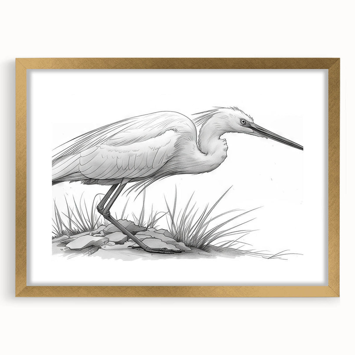 Elegant framed wall art displaying a heron and egret design, featuring a gold frame and matting. Perfect for nature-inspired home decor in any setting.