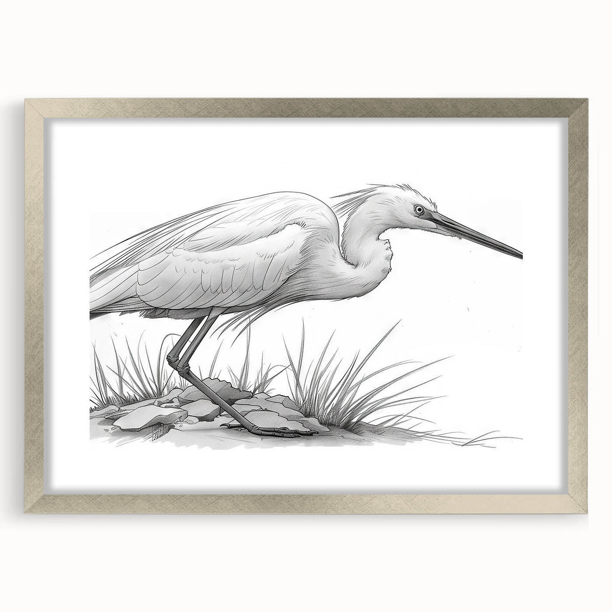 Elegant silver-framed wall art featuring a heron and egret design, set against a neutral mat background, perfect for enhancing modern home decor and nature-themed interiors.