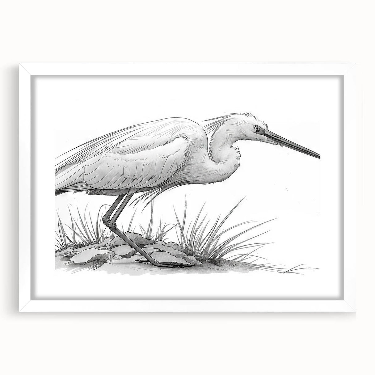 Elegant wall art design showcasing a heron and egret in a serene nature scene, framed with a white mat, perfect for enhancing home decor with a touch of wildlife elegance.