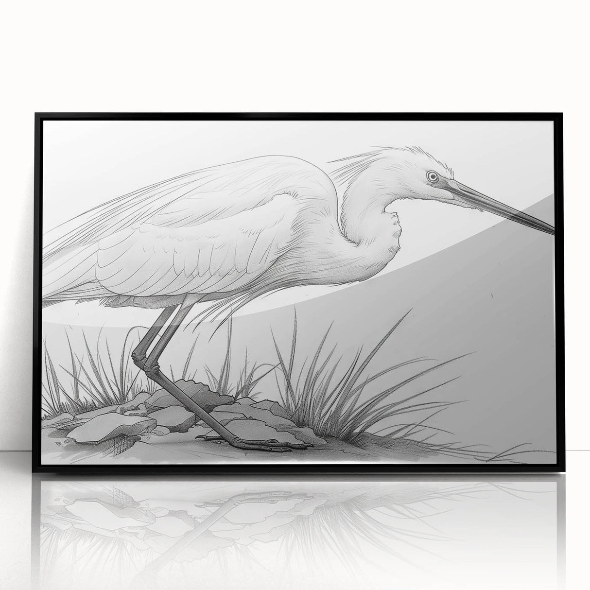 Framed wall art collection showcasing elegant herons and egrets in a serene nature scene, featuring a sleek black frame and vibrant colors to enhance any decor.