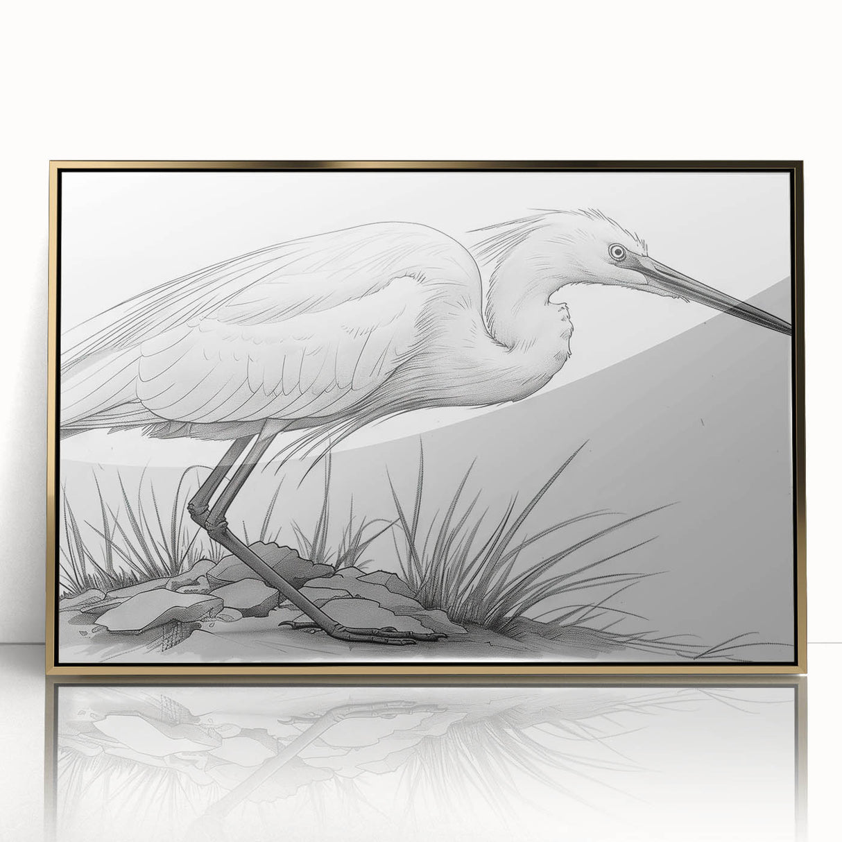 Framed wall art design showcasing a majestic heron and egret in a serene natural setting, featuring elegant gold accents and clear acrylic front for a modern touch. Ideal for enhancing home decor with a nature-inspired theme.