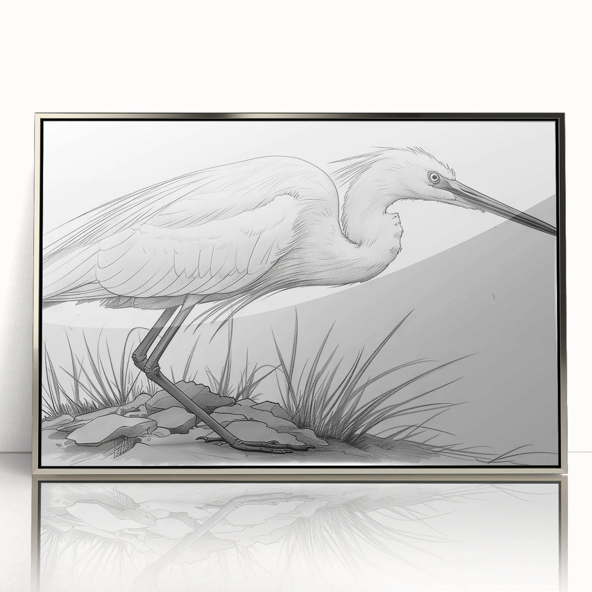 Framed wall art collection featuring elegant heron and egret designs in soft hues, set in a sleek silver frame, perfect for enhancing modern decor.