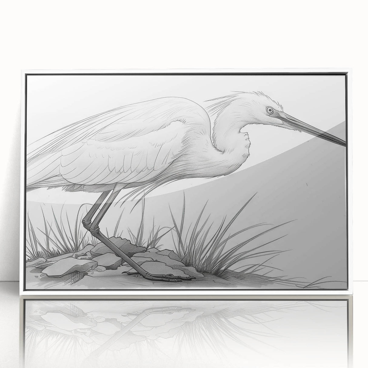 Framed wall art collection showcasing elegant heron and egret designs in a serene nature scene, featuring a sleek white frame that enhances any decor style.
