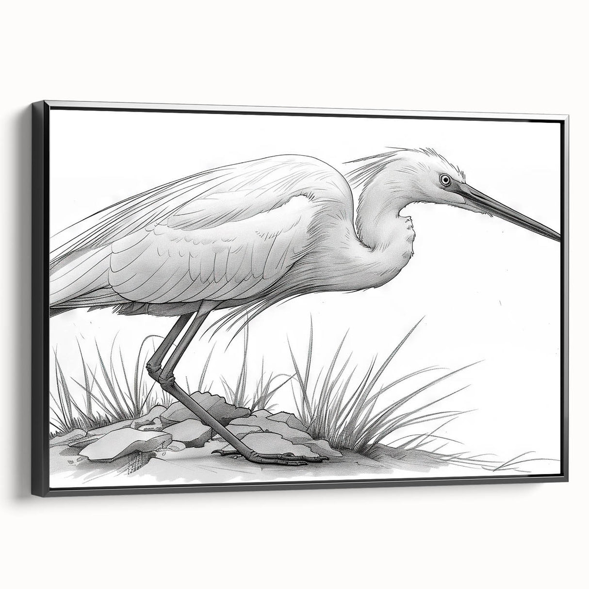 Framed wall art showcasing a serene heron and egret design, printed on canvas with a black frame, perfect for enhancing home decor. The piece captures intricate details and vibrant colors, ideal for nature lovers seeking elegant interior decoration.