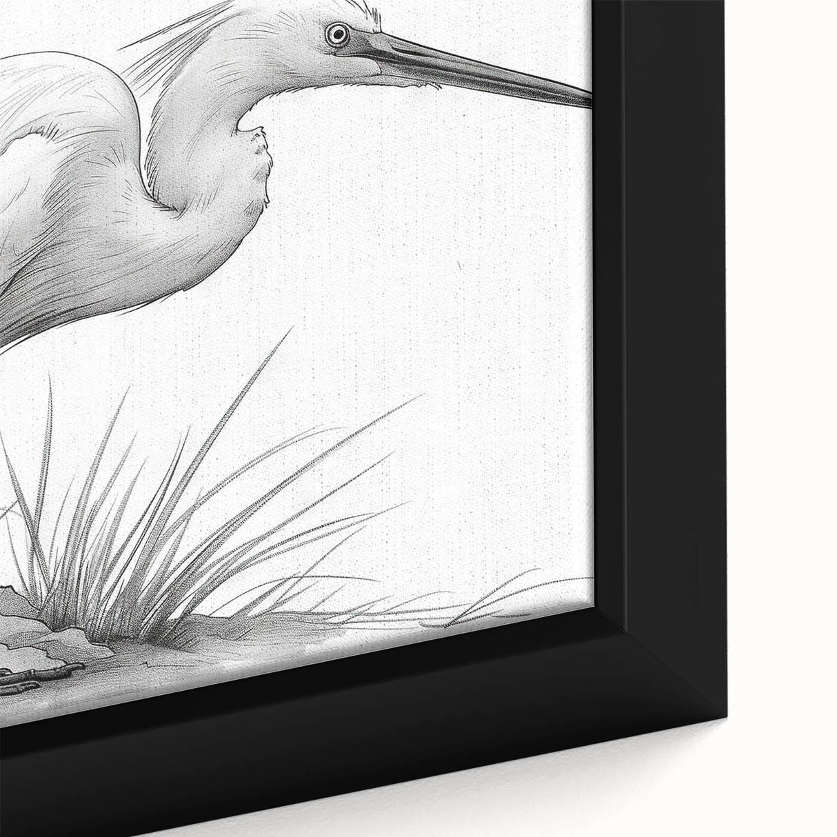 Close-up of a beautifully framed canvas wall art featuring a heron and egret design, showcasing intricate details and vibrant colors, perfect for nature lovers' decor.