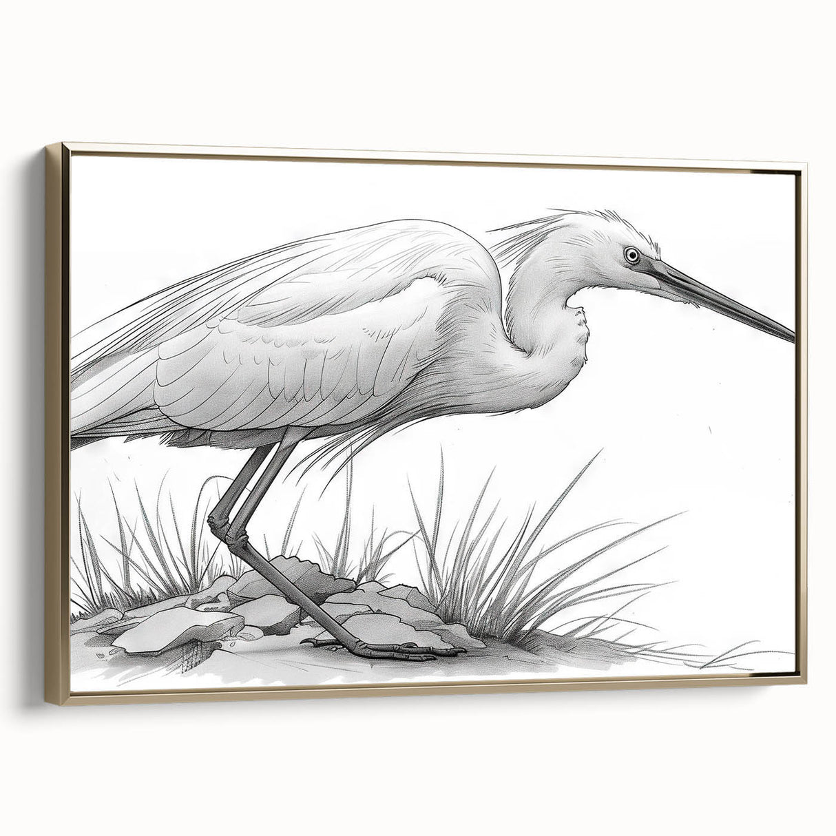 Framed wall art featuring a serene heron and egret design in gold tones, showcasing a side view of the canvas, perfect for enhancing home decor with nature-inspired elegance.