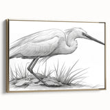 Framed wall art featuring a serene heron and egret design in gold tones, showcasing a side view of the canvas, perfect for enhancing home decor with nature-inspired elegance.