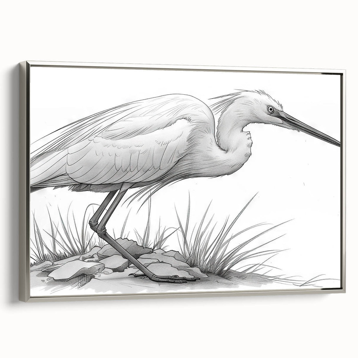 Framed wall art collection featuring a silver side view of elegant herons and egrets, showcasing intricate details and vibrant colors, perfect for enhancing home decor.