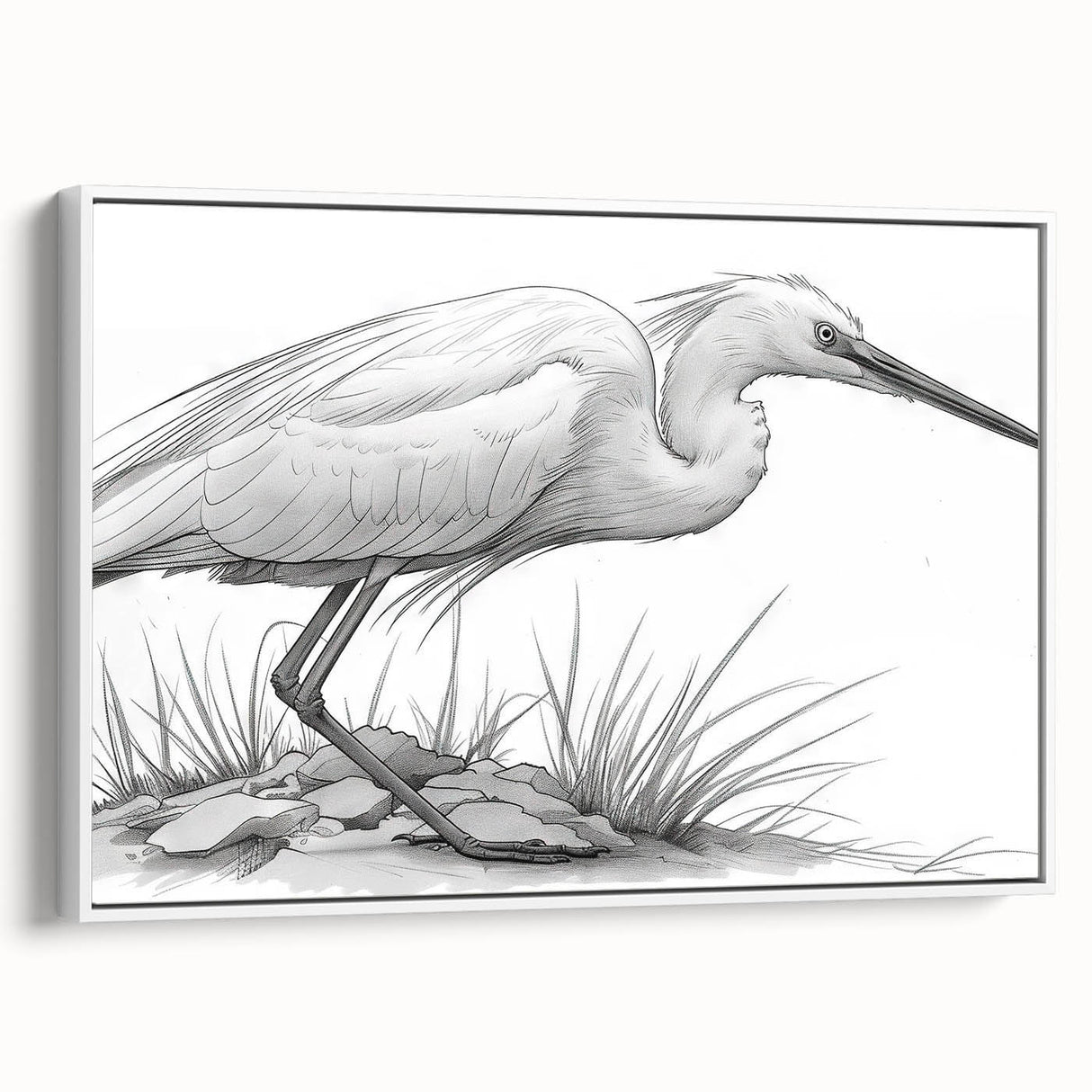Framed wall art featuring a serene heron and egret design in soft pastel colors, showcasing a white border, perfect for enhancing modern home decor.