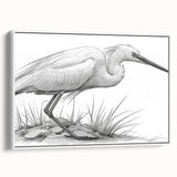 Framed wall art featuring a serene heron and egret design in soft pastel colors, showcasing a white border, perfect for enhancing modern home decor.