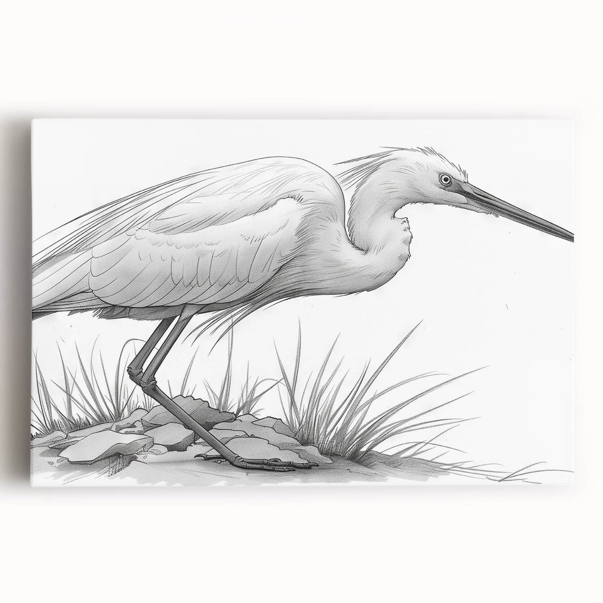 Stretched canvas wall art featuring a serene heron and egret design in soft blues and greens, capturing a tranquil nature scene ideal for home decor.