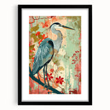 Framed wall art featuring a serene heron and egret design, with a black frame and matting, ideal for enhancing home decor in nature-inspired settings.