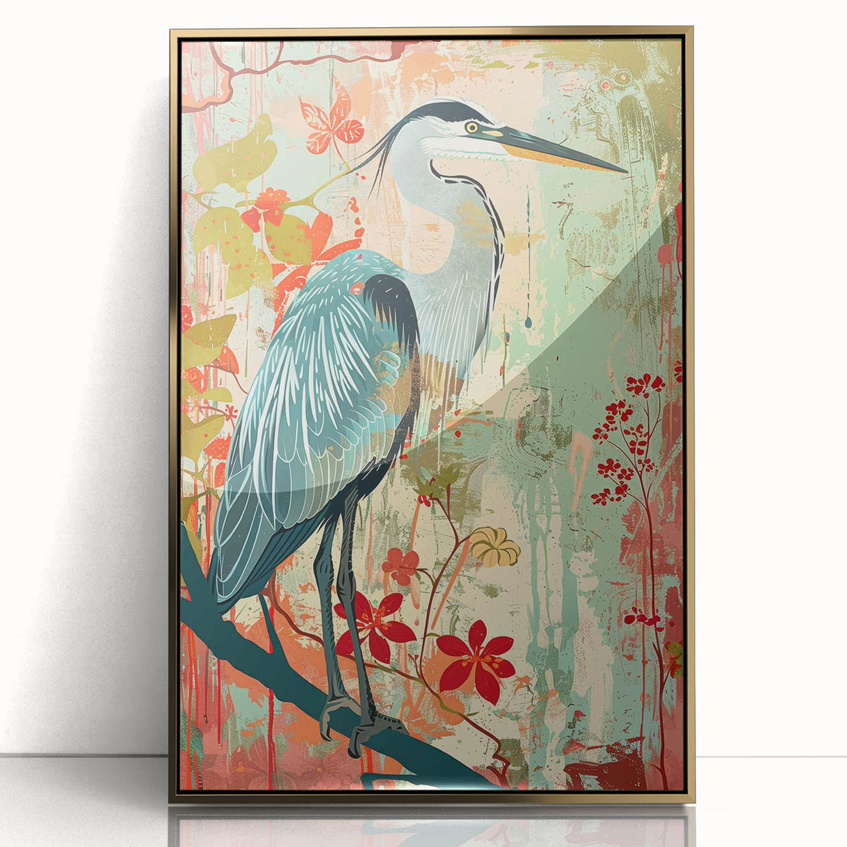 Framed wall art collection featuring elegant heron and egret designs in gold-accented acrylic, perfect for enhancing modern home decor. Ideal for bird lovers.