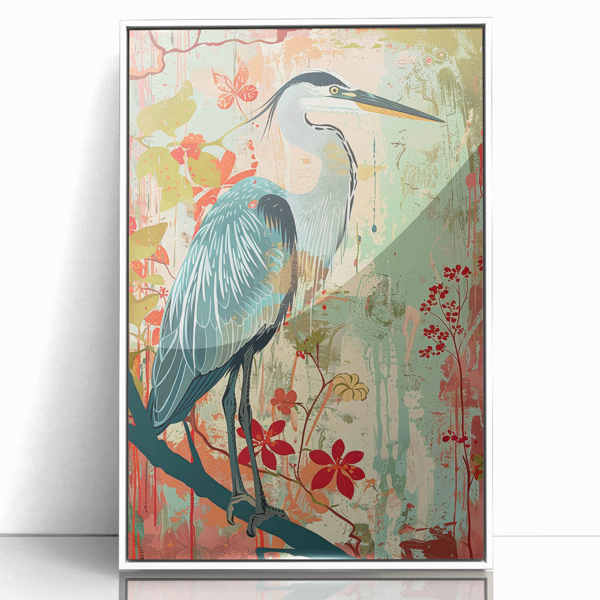 Framed wall art featuring a serene design showcasing a heron and an egret in a natural setting, elegantly displayed with a white frame, perfect for home decor.