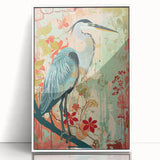 Framed wall art featuring a serene design showcasing a heron and an egret in a natural setting, elegantly displayed with a white frame, perfect for home decor.