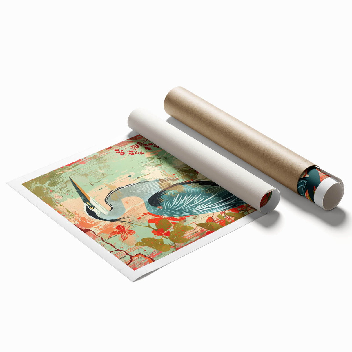 Elegant wall art collection showcasing a serene heron and egret design, featuring soft blue and green tones, perfect for enhancing modern decor in homes or offices. This rolled print emphasizes nature's beauty and tranquility, ideal for bird lovers and art enthusiasts alike.