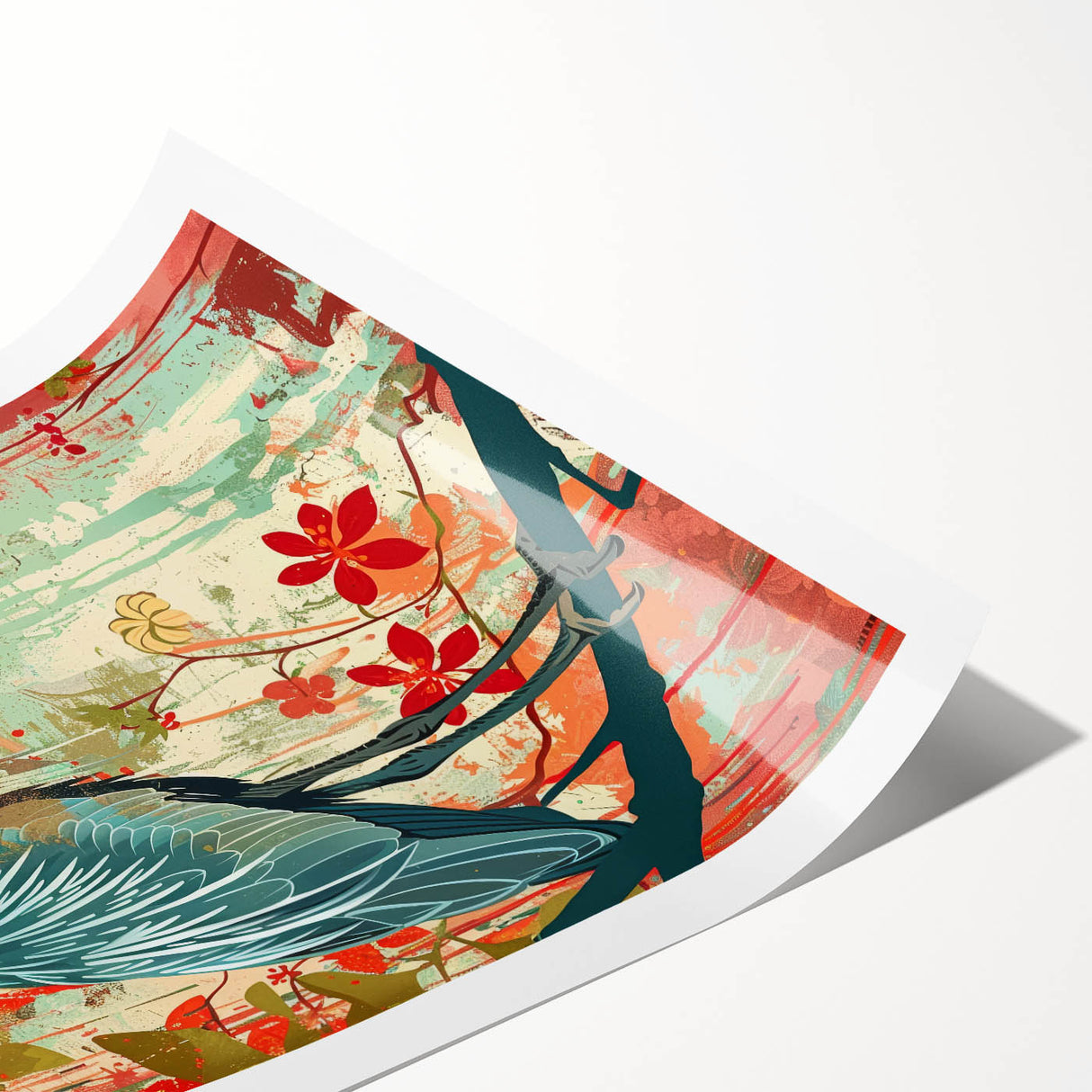 Rolled wall art print showcasing a serene heron and egret design in soft pastel colors, ideal for enhancing home decor with a touch of nature's elegance.