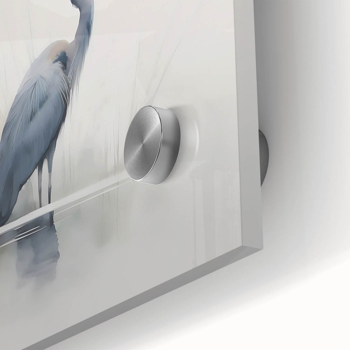 Close-up of a stunning wall art piece featuring a heron and egret design, showcasing vibrant colors and intricate details on acrylic glass, perfect for nature lovers.