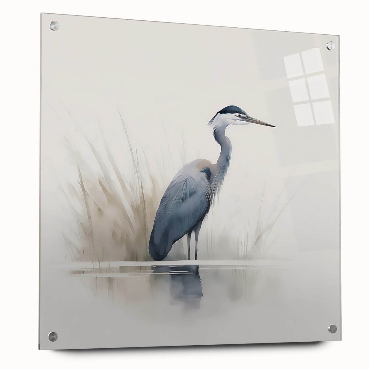Acrylic glass wall art featuring a striking design of herons and egrets in a serene natural setting, displayed from a side view with decorative pins.