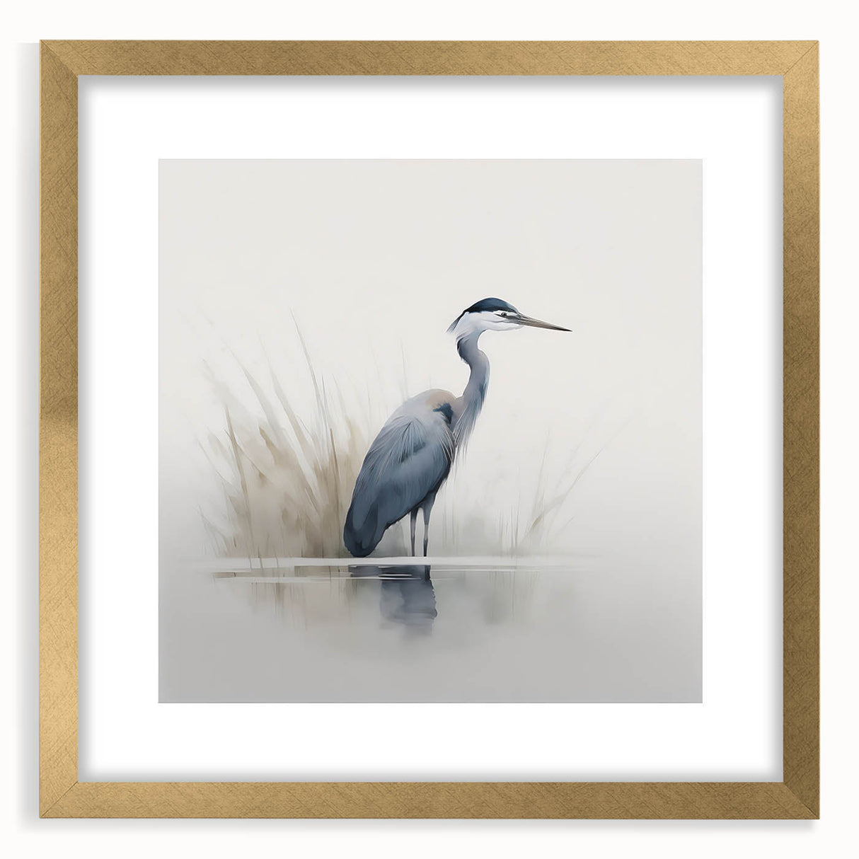 Elegant wall art featuring a heron and egret design in a gold frame, accented with a white mat, perfect for enhancing home decor with nature-inspired elegance.