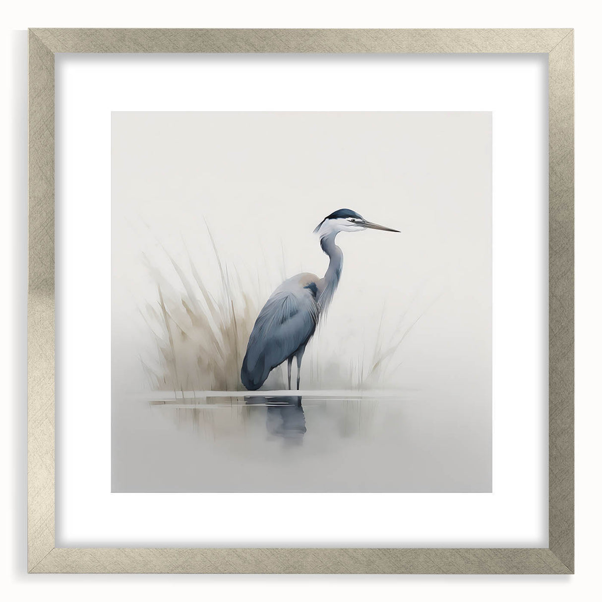 Elegant wall art featuring a heron and egret design, framed with a silver mat, showcasing intricate details and vibrant colors ideal for home decor. Perfect for bird lovers and nature enthusiasts, this artwork adds a touch of sophistication to any space.