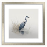 Elegant wall art featuring a heron and egret design, framed with a silver mat, showcasing intricate details and vibrant colors ideal for home decor. Perfect for bird lovers and nature enthusiasts, this artwork adds a touch of sophistication to any space.
