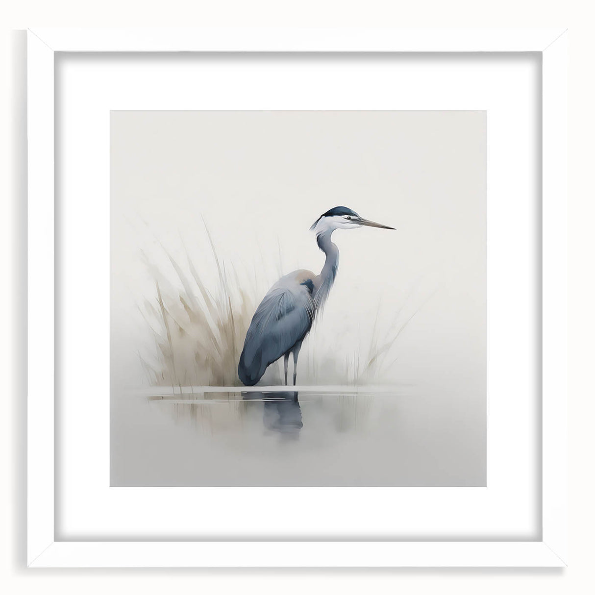 Elegant wall art collection featuring a heron and egret design, framed with a white mat. Ideal for enhancing home decor with nature-inspired aesthetics.