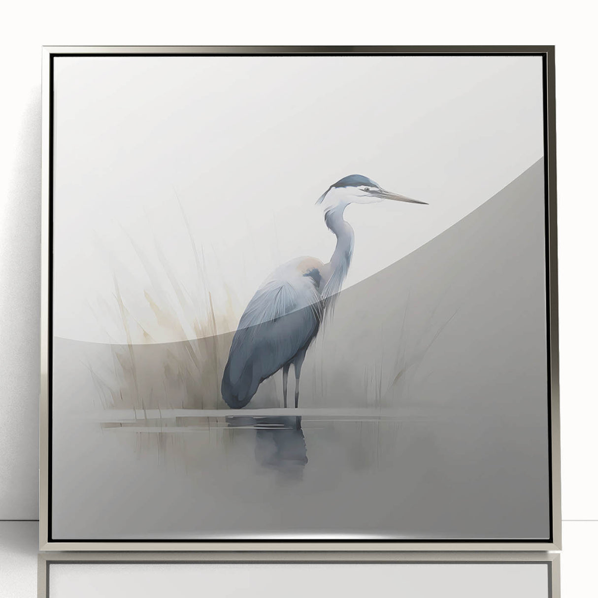 Framed wall art collection showcasing a sleek silver-accented design featuring herons and egrets in an elegant nature scene. Perfect for modern home decor.