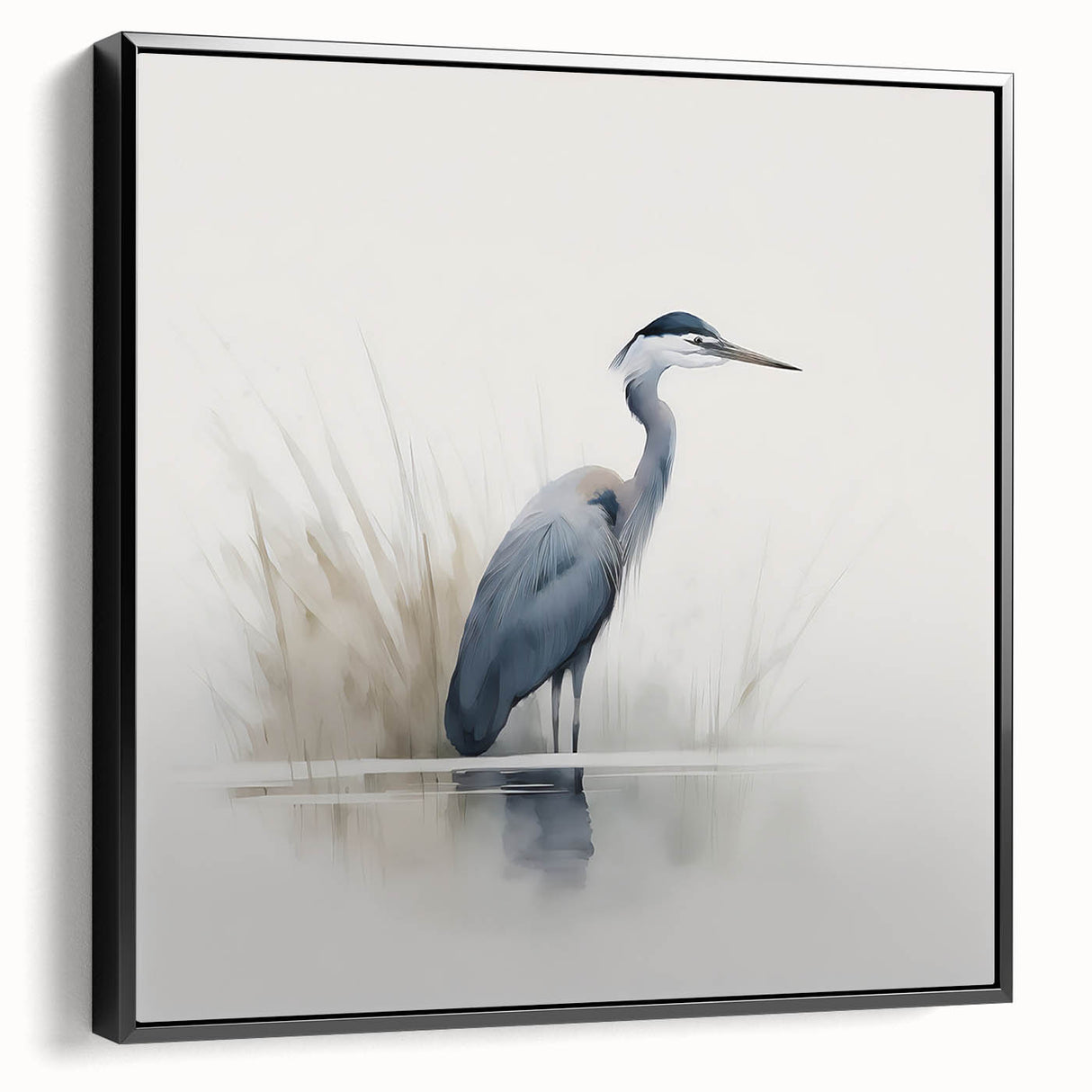 Framed wall art featuring a serene black heron and egret design on a textured canvas, showcasing elegant silhouettes against a minimalist background, perfect for modern decor.
