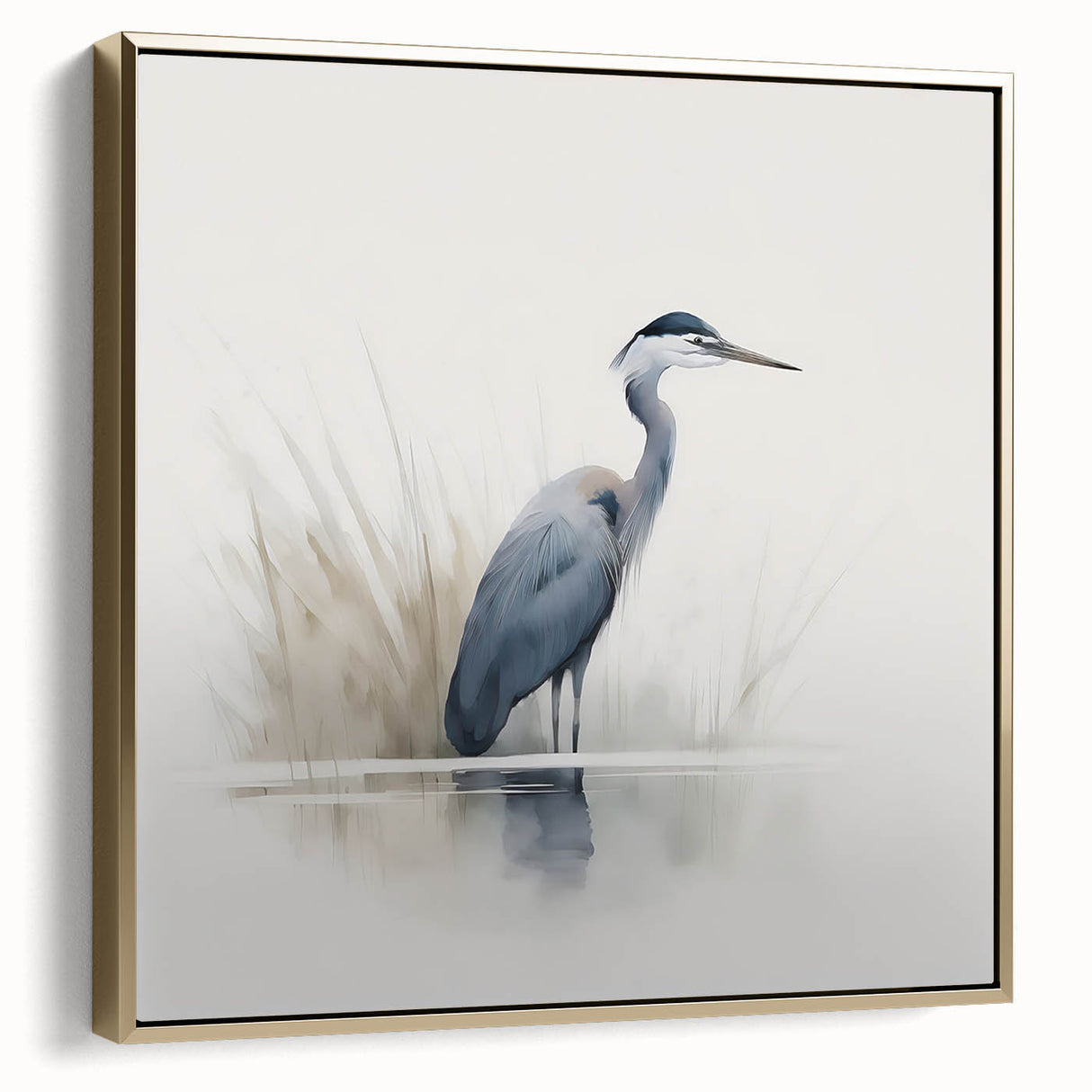 Framed canvas wall art depicting a serene heron and egret design in gold tones; perfect for adding elegance to home decor with a nature-inspired touch.