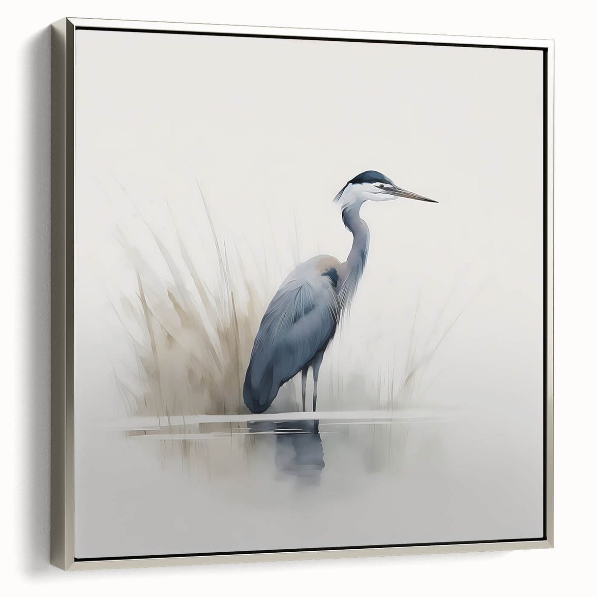 Framed wall art showcasing a stunning design of herons and egrets, featuring a silver frame, perfect for enhancing home decor with nature-inspired elegance.