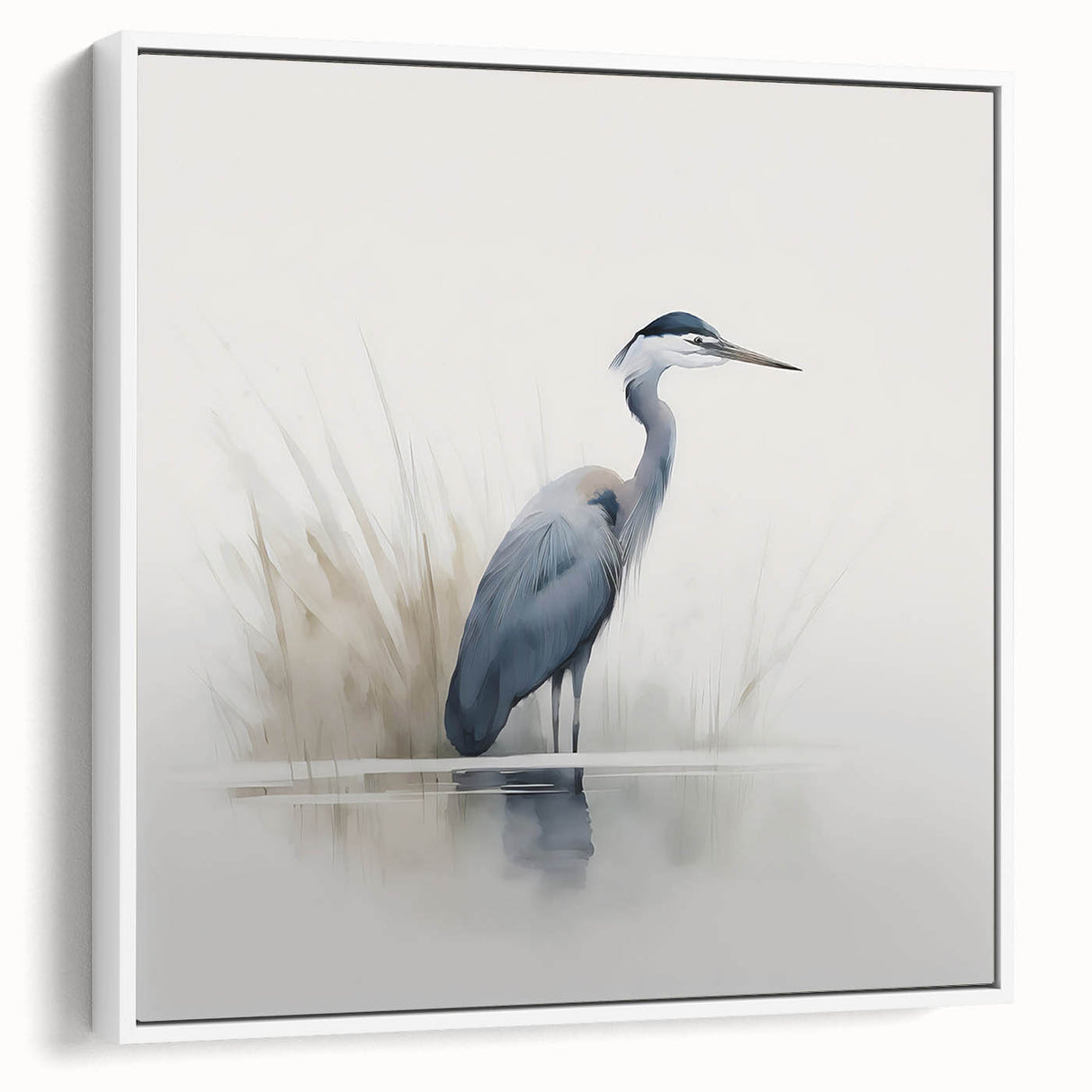 Framed canvas wall art featuring a serene heron and egret design, showcasing intricate details in soft hues of white and blue, perfect for coastal-themed decor.