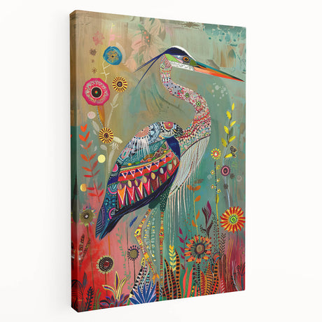 Stretched canvas wall art showcasing a serene heron and egret design, featuring soft blue and green hues, perfect for nature-inspired home decor.