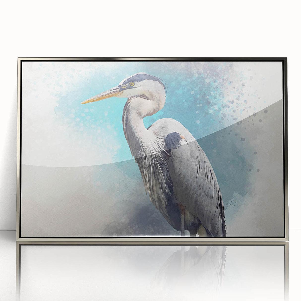 Framed wall art collection featuring a serene heron and egret design in acrylic, showcasing silver accents and vibrant colors, perfect for home decor.