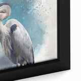 Close-up of a beautifully framed wall art piece showcasing a heron and egret design on canvas, featuring vibrant colors and intricate details, perfect for home decor.