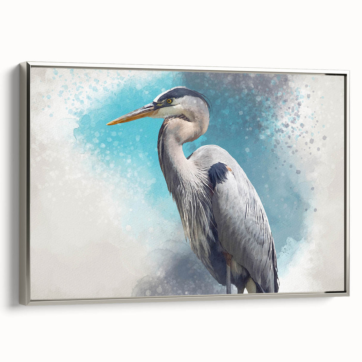 Framed wall art collection showcasing elegant heron and egret designs on canvas, featuring a sleek silver frame and side view display for modern decor. Perfect for nature lovers seeking stylish home accents.