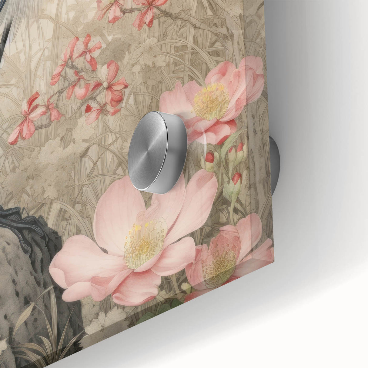 Close-up view of a vibrant wall art piece featuring a heron and egret design on acrylic glass, showcasing intricate details and vivid colors ideal for home decor.