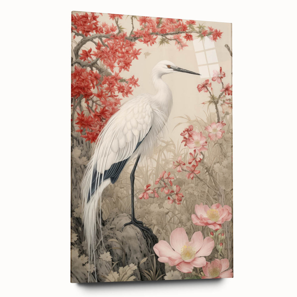 Elegant wall art showcasing a side view of a heron and egret design printed on acrylic glass, perfect for modern home decor. Ideal for bird lovers and nature enthusiasts.