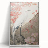 Framed wall art featuring a heron and egret design in a serene natural setting, showcasing elegant white frames and vibrant colors for home decor enhancement.