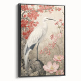 Framed wall art depicting a heron and egret design on a black background, showcasing vibrant colors and intricate details, ideal for enhancing home decor with nature themes.