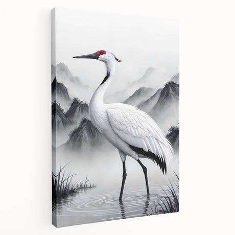 Stretched canvas wall art showcasing a serene heron and egret design in soft blue and green hues, perfect for nature lovers and home decor enthusiasts.
