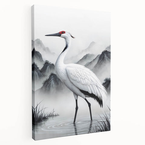 Stretched canvas wall art showcasing a serene heron and egret design in soft blue and green hues, perfect for nature lovers and home decor enthusiasts.