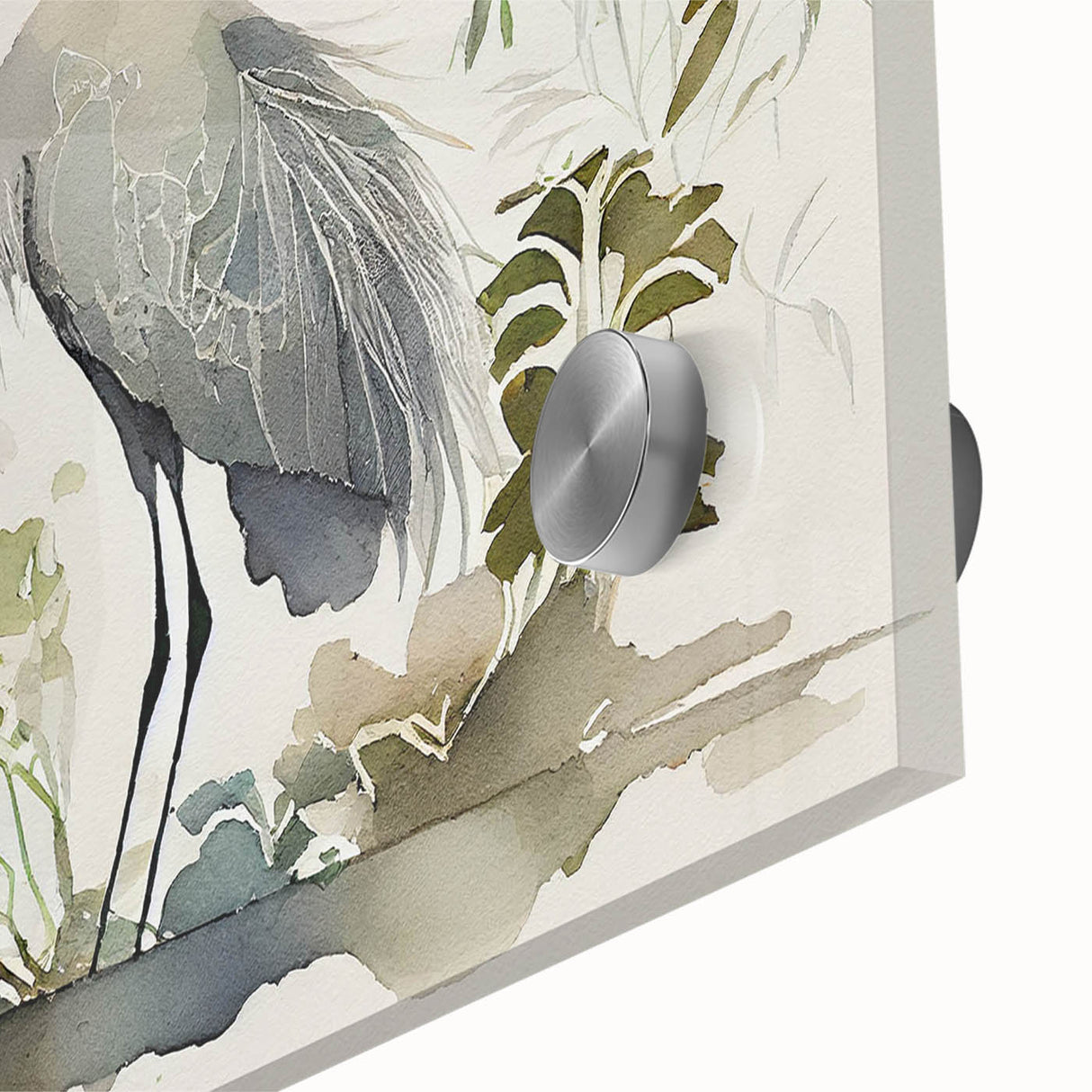 Close-up of a vibrant wall art collection featuring a heron and egret design on acrylic glass, showcasing intricate details and colors ideal for home decor.