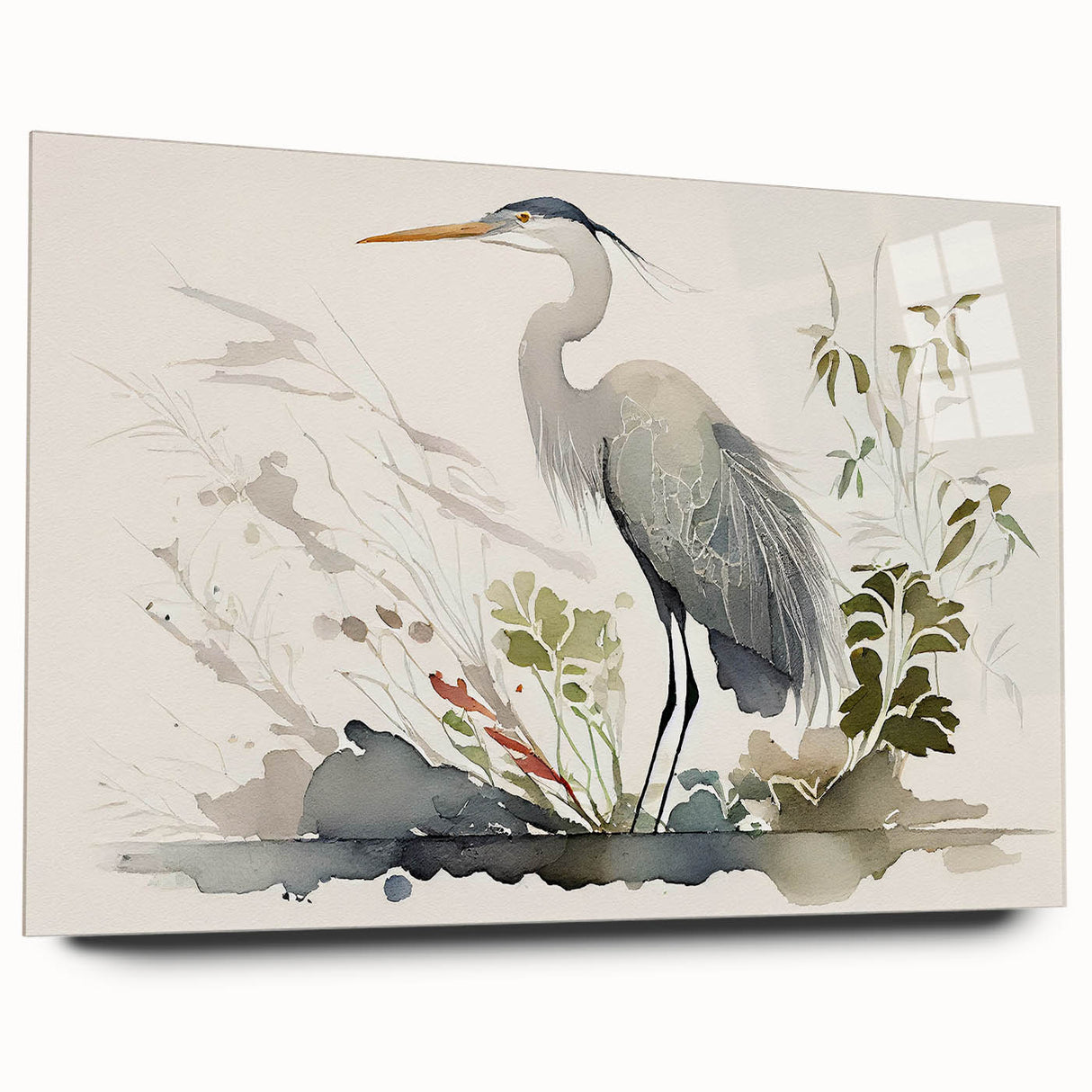 Side view of a stylish wall art collection showcasing a heron and egret design, elegantly mounted on acrylic glass, perfect for enhancing modern home decor.