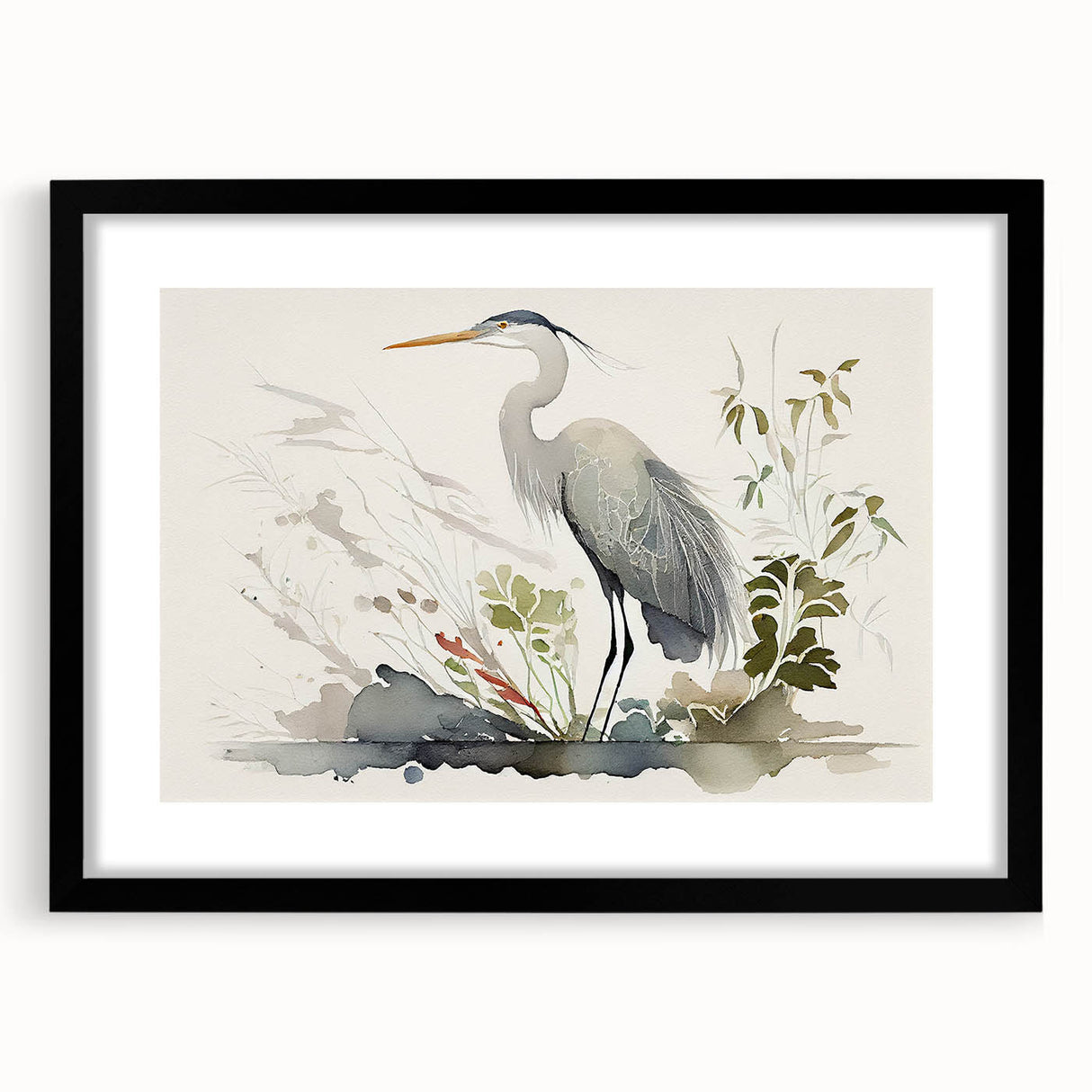 Elegant black-framed wall art featuring a heron and egret design, showcasing intricate details and vibrant colors, perfect for enhancing any modern decor.