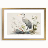 Elegant wall art collection featuring a framed design of herons and egrets, with a gold mat and frame. Perfect for adding a touch of nature-inspired decor to any room.