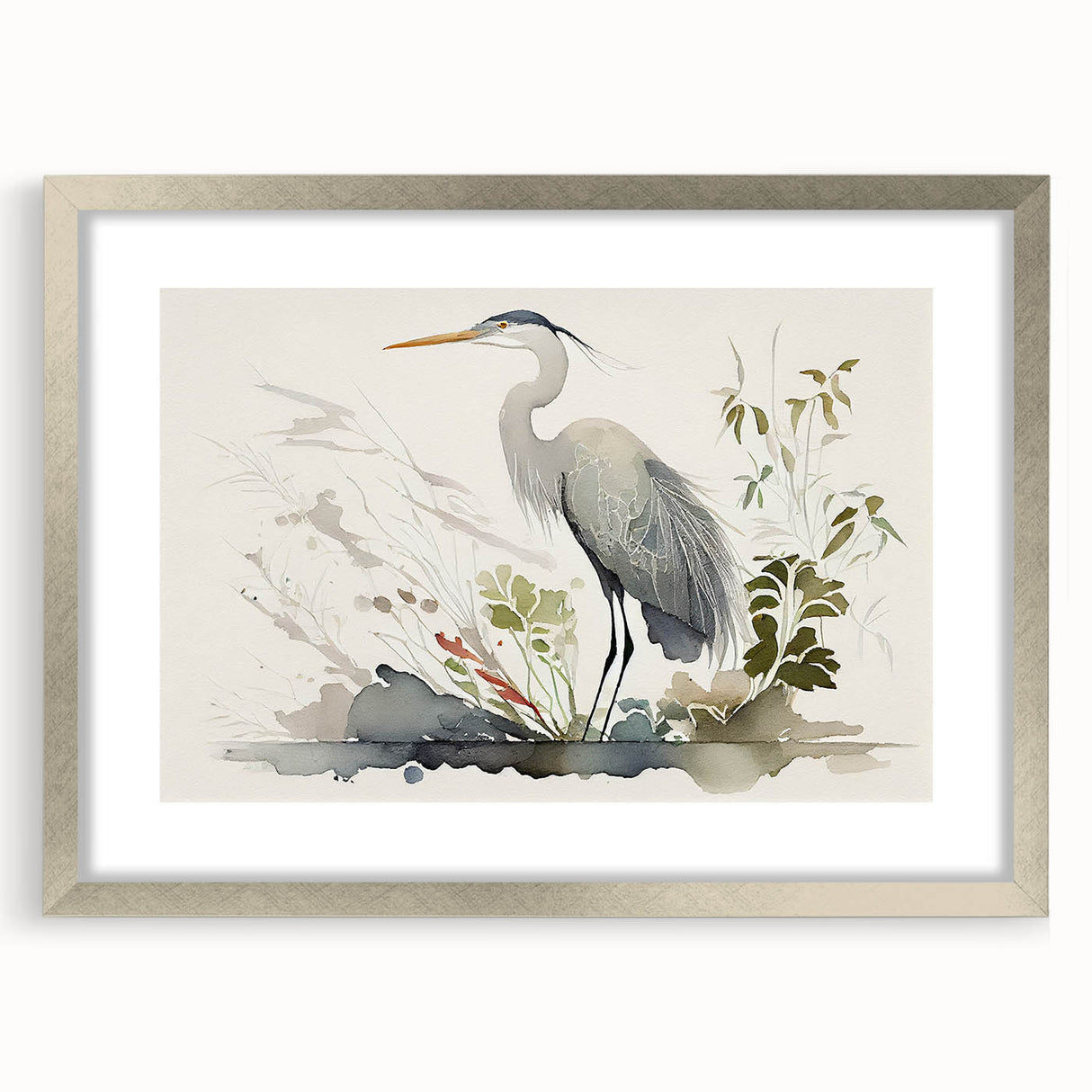 Stylish wall art featuring a heron and egret design, framed with a silver mat, perfect for enhancing modern decor and bird-themed interiors.